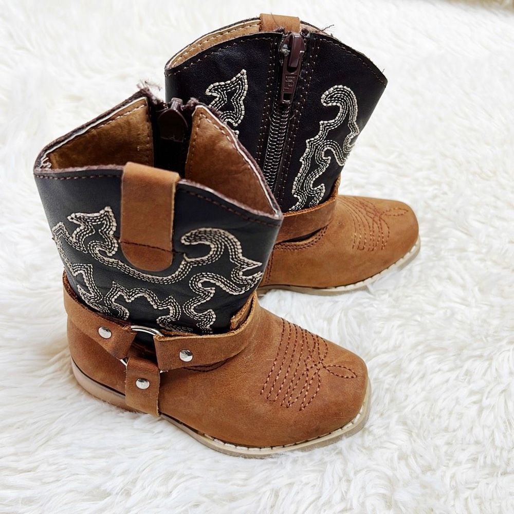 Chaparral Toddler Leather Double Barrel Cowboy Boots Black Brown Size 4